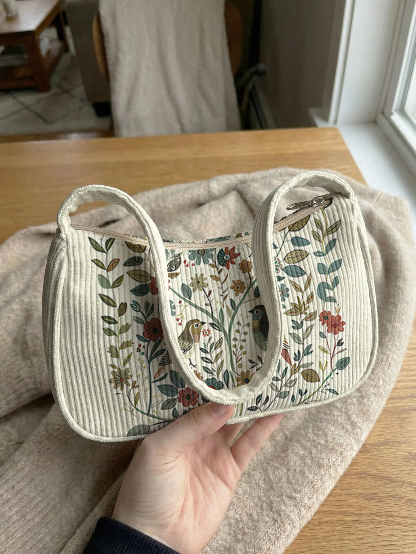 Trendy Floral & Bird Print Shoulder Bag, Beige Corduroy Underarm Bag for Daily Casual Use