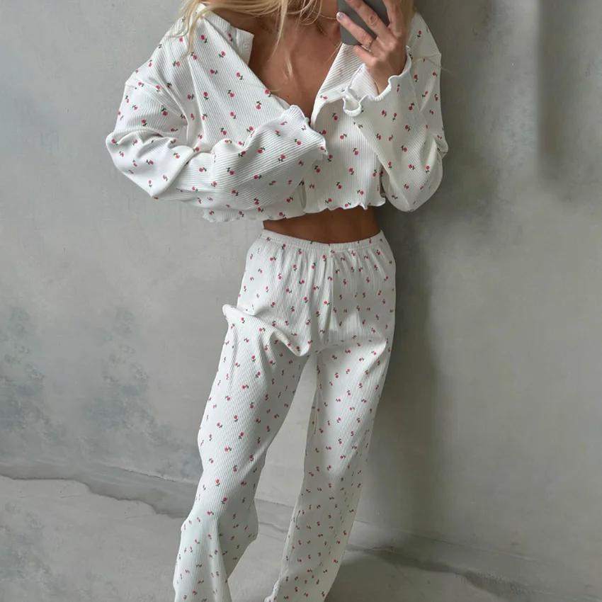 HiLoc Knitted Casual Ribbed Print Pants Sets Pajamas Spring Loose O Neck Tops With High Waist Trousers 2 Piece Sleepwears Women