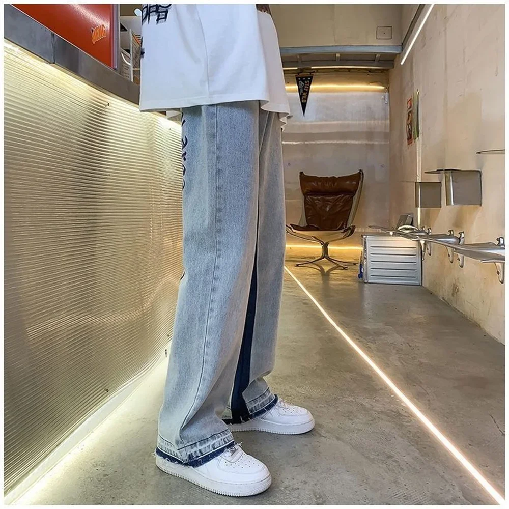 2025 Europese herenjeans Neutrale denimbroek met wijde pijpen Losse rechte letterprint Baggy Man Jean-broek Casual Baggy hiphop