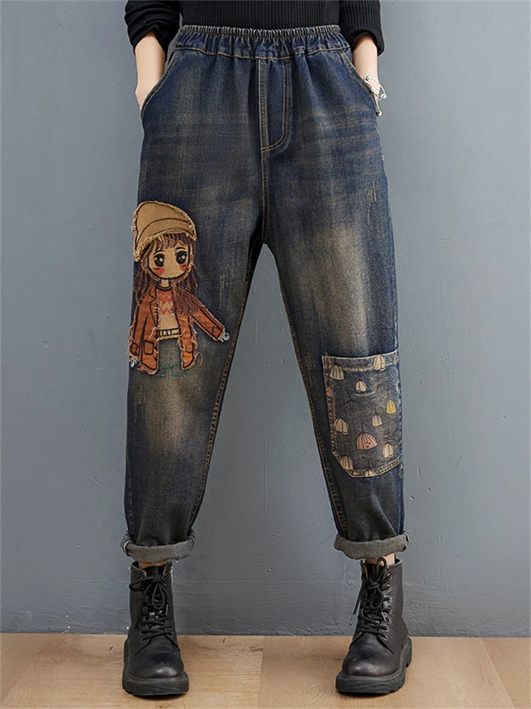 Cartoon Litter Girl Embroidery Denim Pants For Women Trendy Hole Casual High Waist Breeches Pockets Harem Blue Jeans JJ139