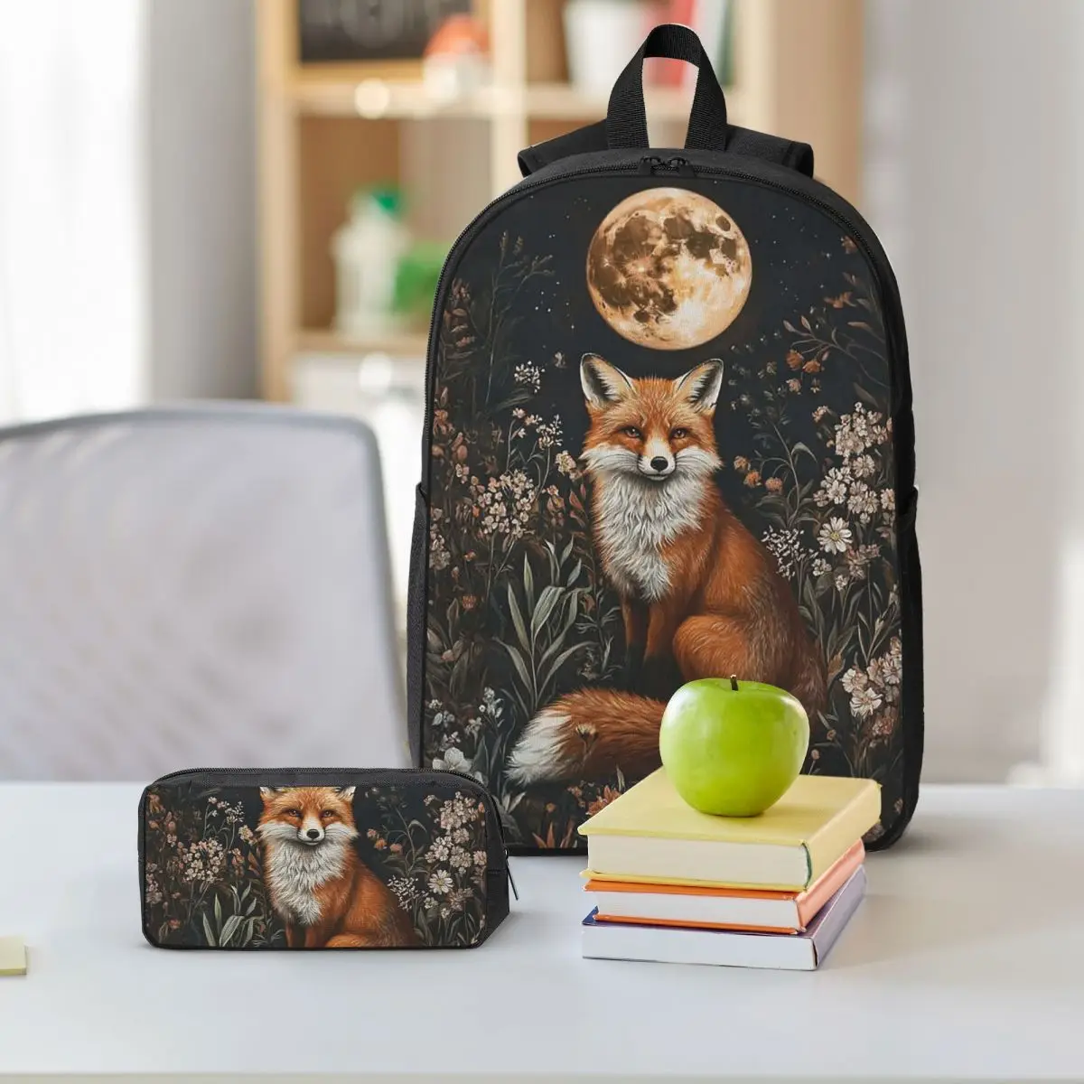 Enchanted Woodland Fox Moonlit Night Backpack Student BookBag School Bag Shoulder Bags 3ps Insulated Lunch Bag Pencil Case