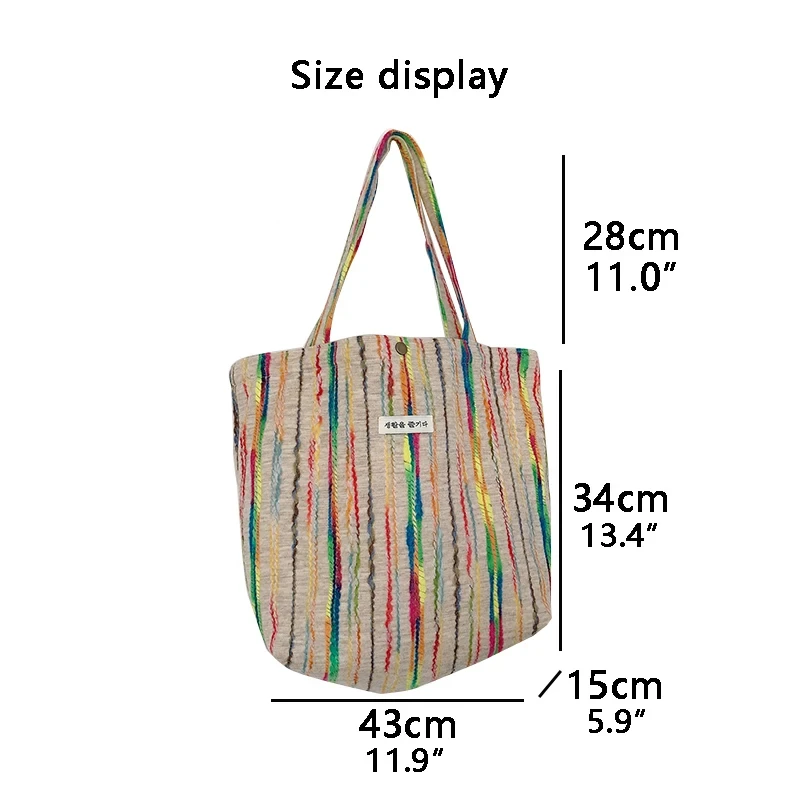 Rainbow Canvas Shoulder Bag Handbags for Women 2024 Designer Crochet Beach Bag Casual with Buckle Cute Tote Bags Stripes Shopper