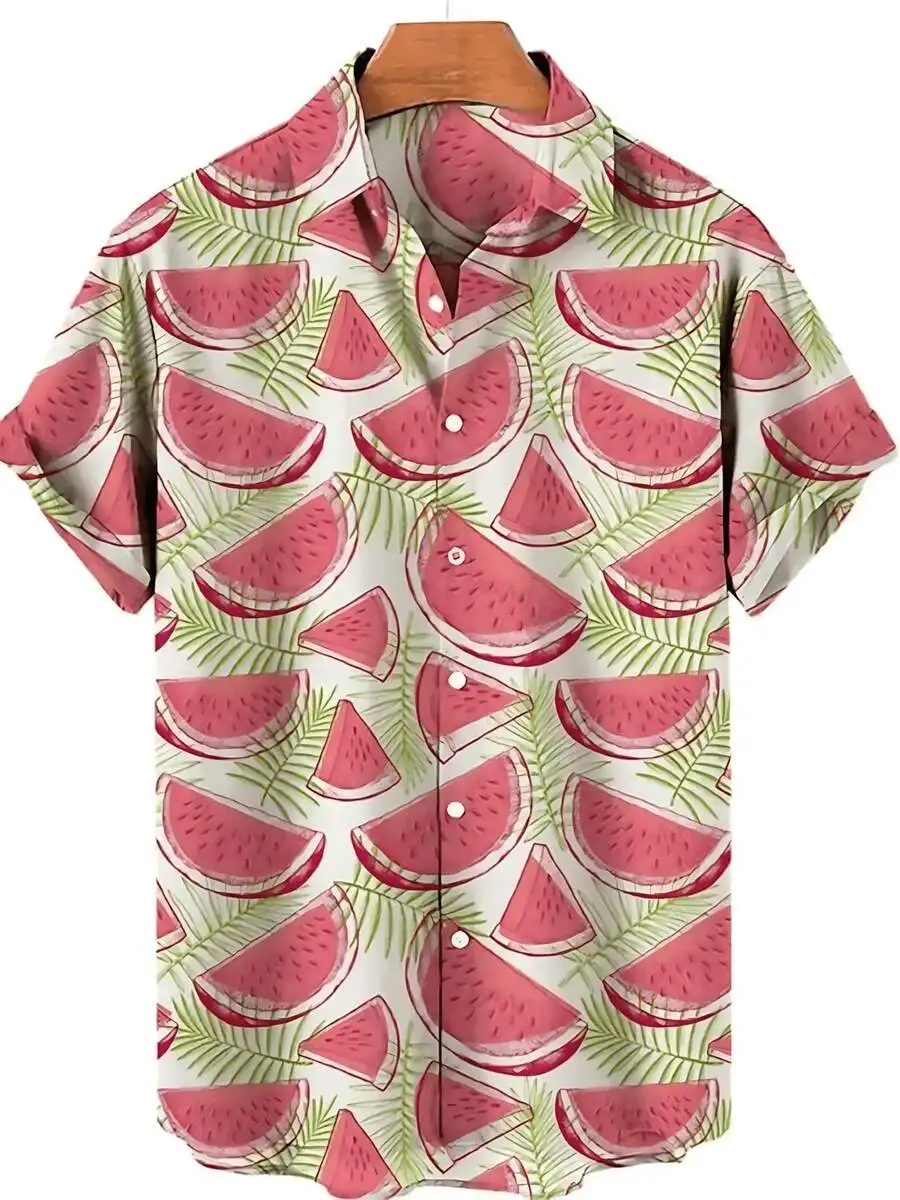 

Mens Summer Hawaiian Shirt With Watermelon Print Casual Short Sleeve Shirt