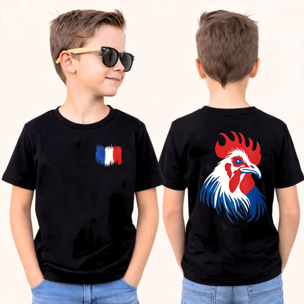 2026 Soccer Part Supplies Kids T-Shirt France Rooster Flag Print Football Tee Cotton Short Sleeve Black Casual Tops for Boys