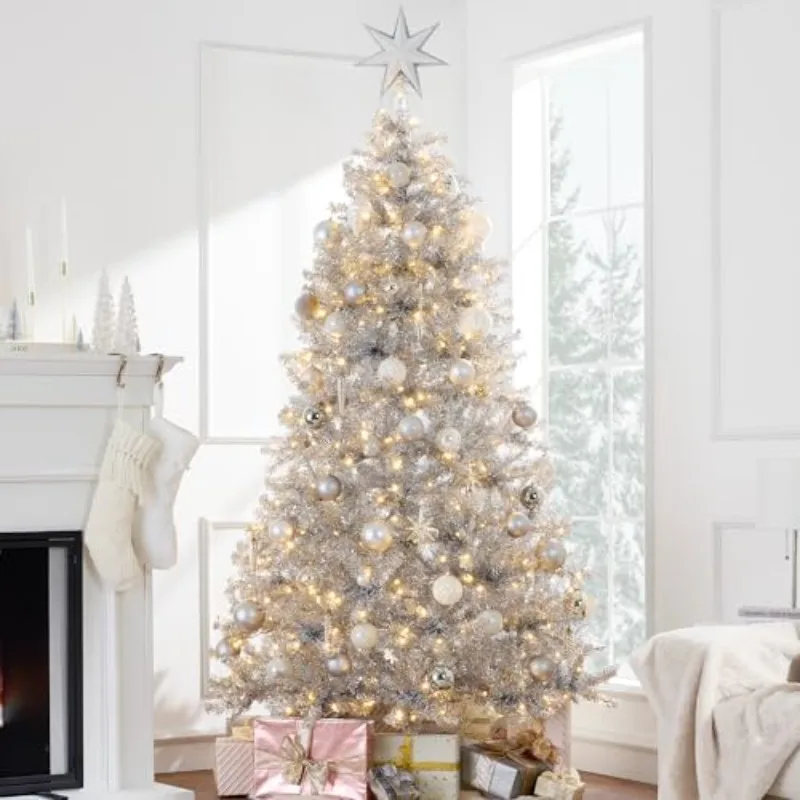 6ft Prelit Tinsel Christmas Tree w/Twinkling LED Lights, Artificial Seasonal Holiday Decoration w/ 250 Lights, 1,000