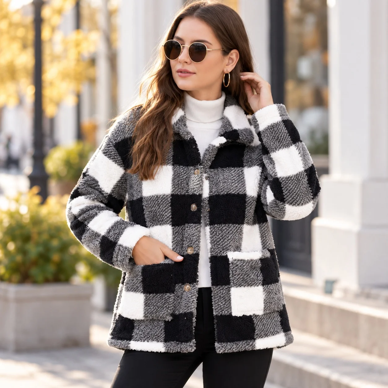 Plaid Casual Coat with Straight Cut Single Breasted Multi Button Closure Dyeing Process Mid Long Length Women Autumn Jacket