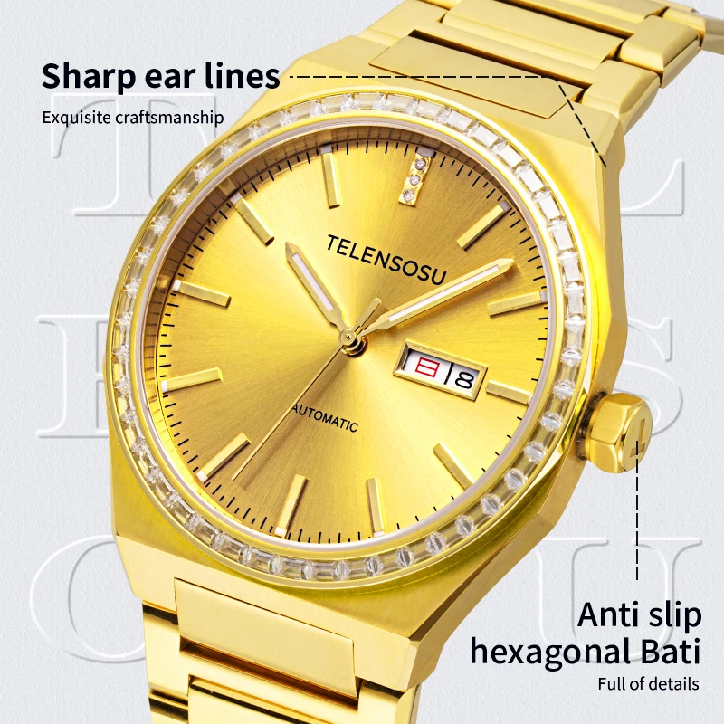 TELENSOSU ساعة رجالي تقويم مزدوج ساعة ميكانيكية أوتوماتيكية إطار الماس اليابان MIYOTA8205 ساعة ياقوت فاخرة 8803