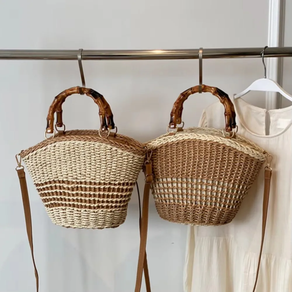 

Simple Sweet Weave Straw Bag Large Capacity Casual Bucket Shoulder Bag Summer Commuting Woman Handbag Holiday