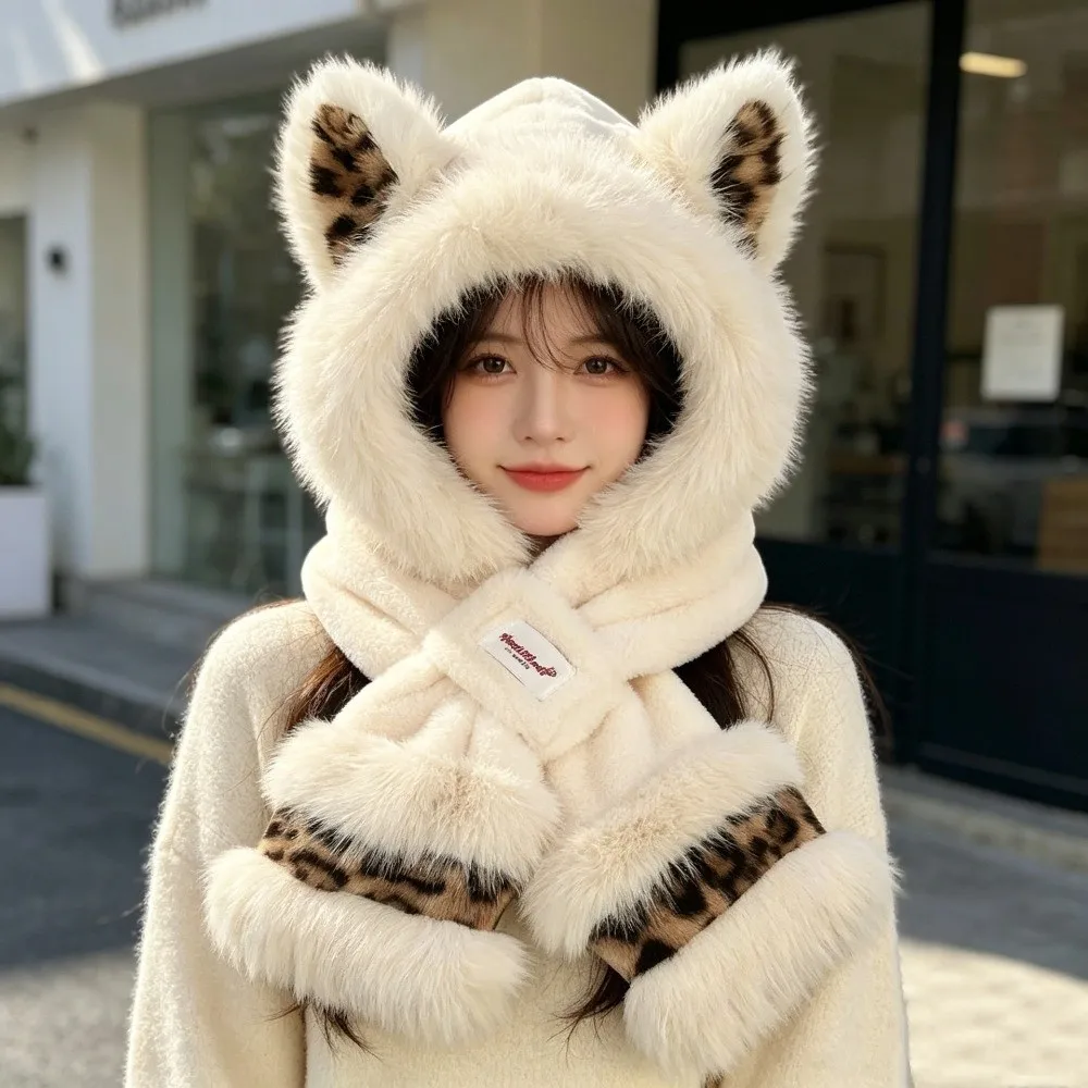 Stylish Leopard Hat Scarf Set Polyester Lining Fox Ear Hat Set Hooded Neck Warmer Cold Weather
