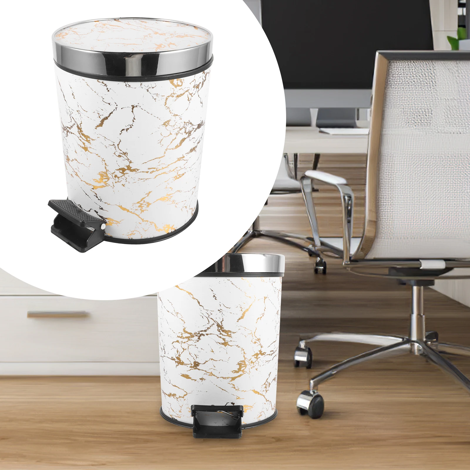 Pedal Trash Can 8L White Gold Large Size Plastic Bins with Lid for Kitchen Bathroom Office Home Waste Container Garbage Paper