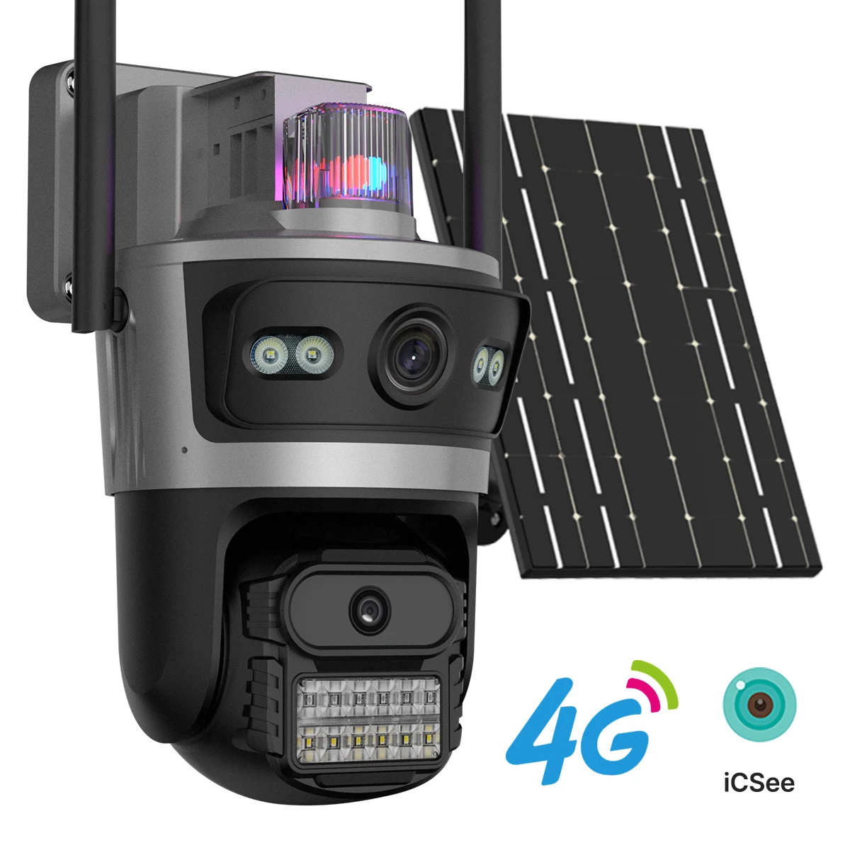 Caméra solaire 4G AOV extérieure, 3 écrans, suivi automatique, surveillance de sécurité, alerte en temps réel, vision nocturne intelligente, moniteur iCsee