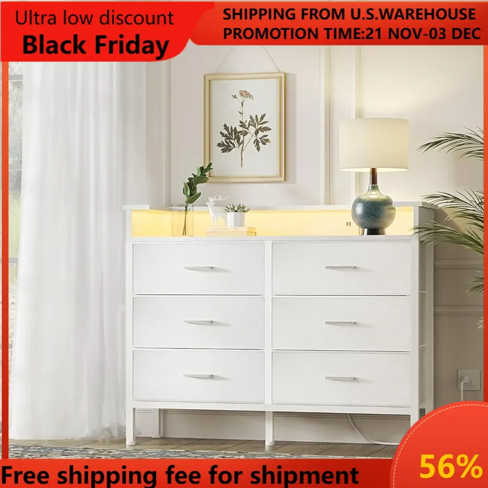 

White Dresser with LED Light and Charging Station for Bedroom 6 Drawer Dresser with USB Outlet, Dressers & Chests of Drawe