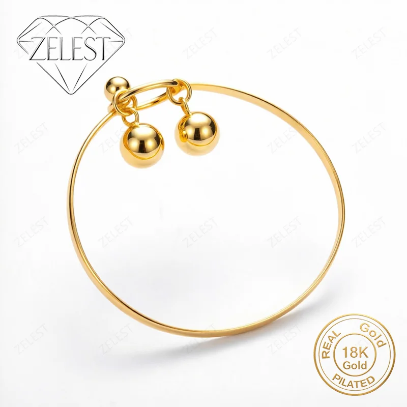 925 Sterling Silver 18K Gold Plated Simple Three-Bead Thin Circle Bangle, Stylish and Charming Party Jewelry Gift for Women
