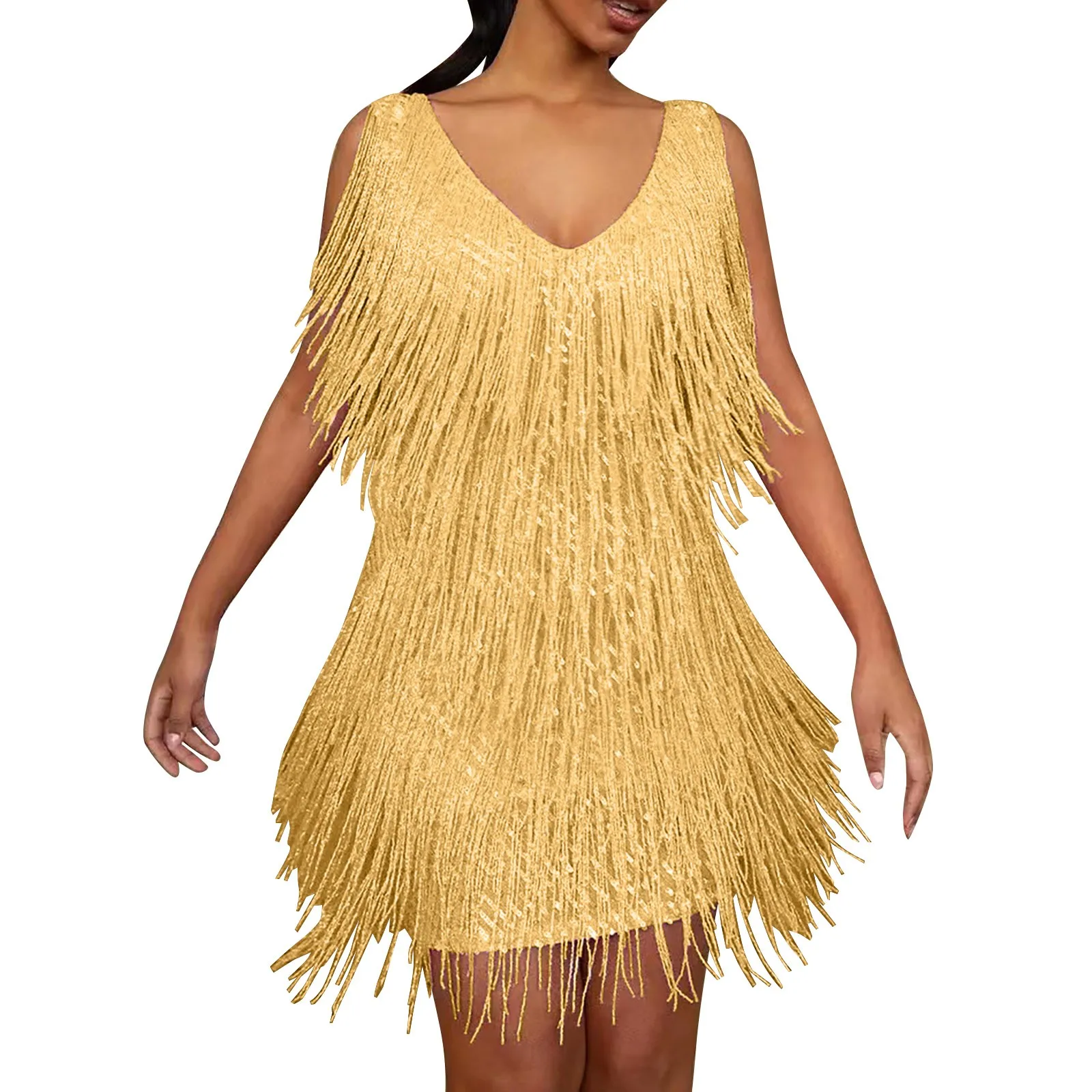 Deep V-Neck Sleeveless Backless Hip Wrap Summer Dress Sexy Women Fringed Sequin Stitching Mini Pencil Club Wear Tassel Vestido 1