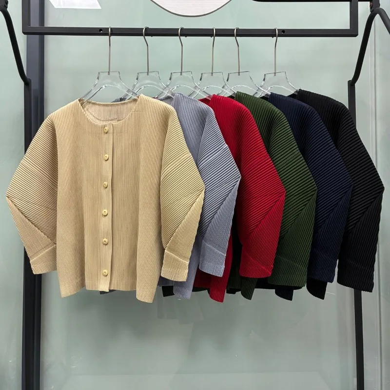 Miyake Pleated 202 Design Sense Jacket Autumn New Solid Color Irregular Batwing Sleeve Long Sleeve Cardigan Top for Women Pleat