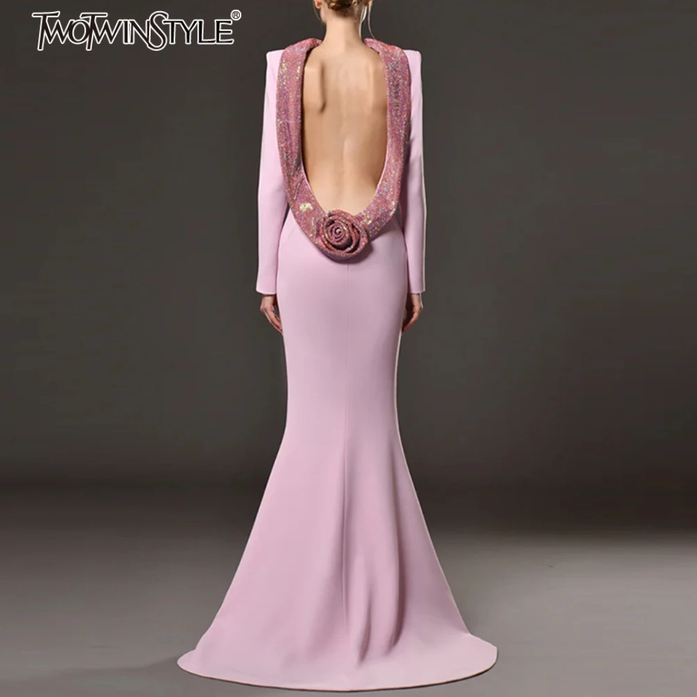 

TWOTWINSTYLE однотонное утягивающее платье миди из бисера для женщин, лоскутное платье миди с круглым вырезом и длинными рукавами, 3D цветочное платье, женская одежда