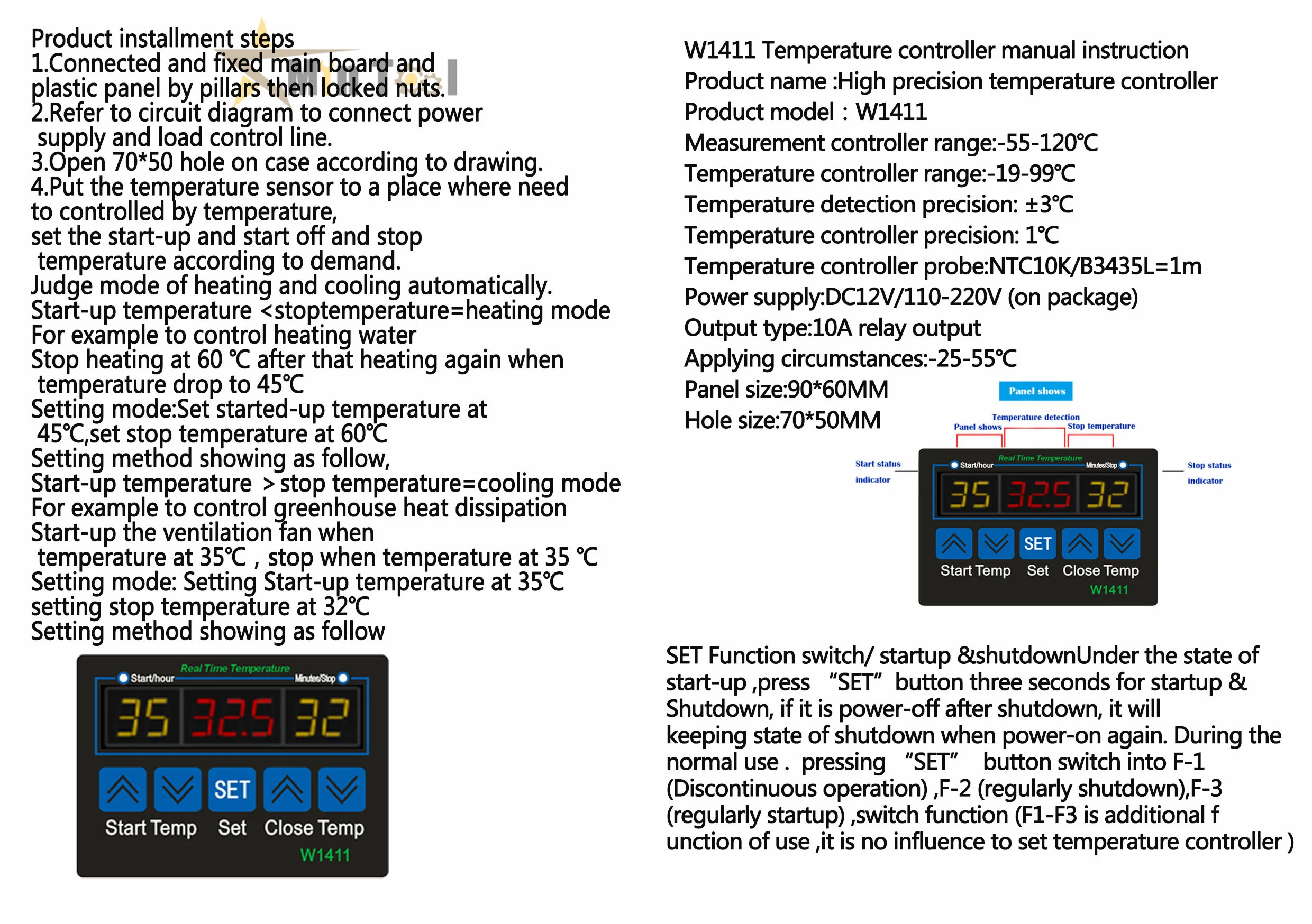 XH-W1411 DC 12V Thermostat LED Digital Temperature Controller AC 110V 220V 10A Switch Thermometer Regulator Relay Output