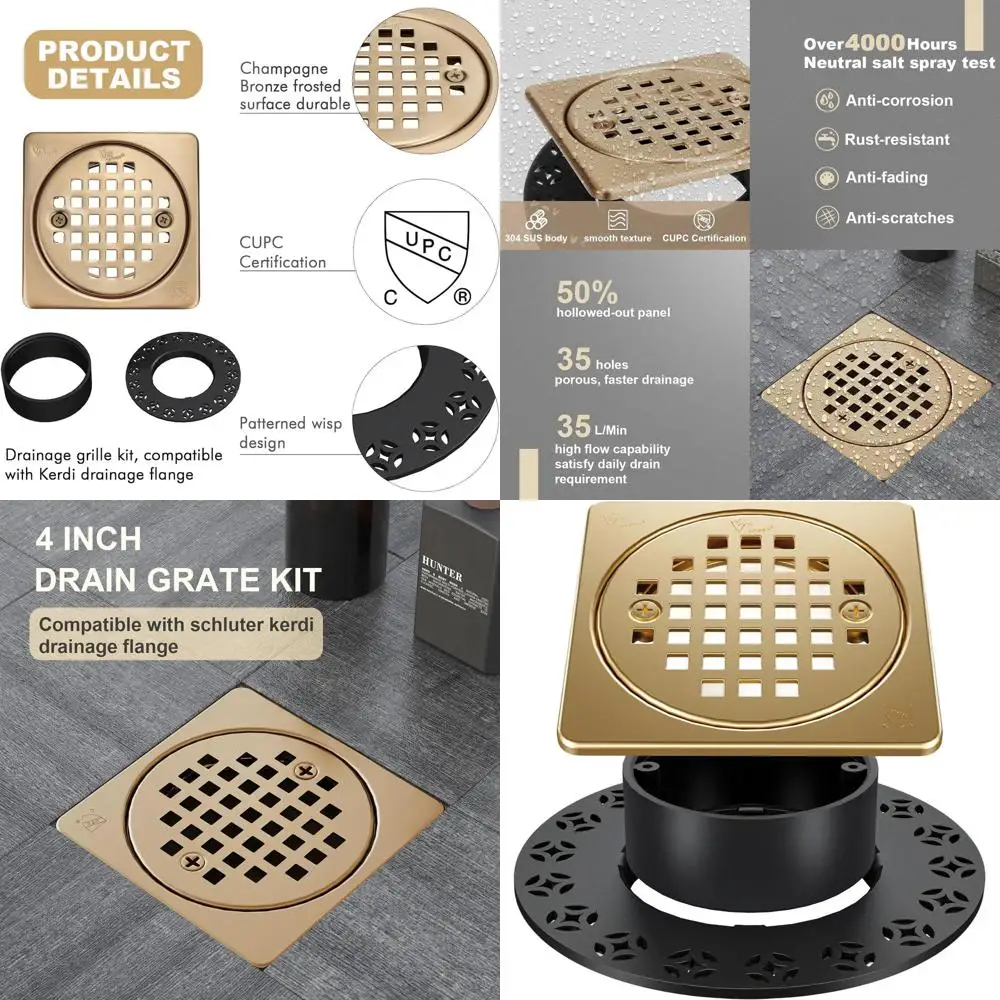 

Champagne Bronze 4 Shower Drain Kit with Adjustable Collar, Compatible with Schluter Kerdi-Drain, Removable Square Grate, SUS304