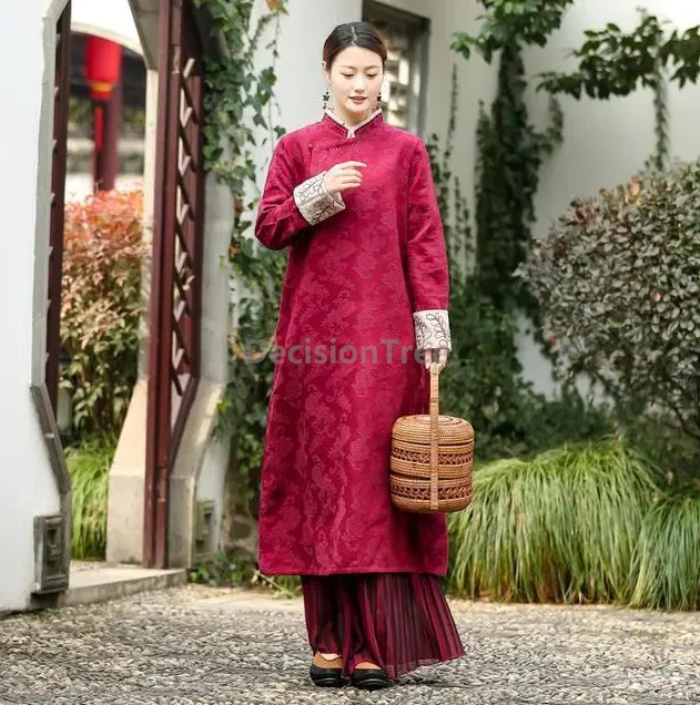 Jesienna etniczna sukienka w stylu vintage, z bawełny i lnu, qipao w stylu chińskim, z długim rękawem, haftowana, codzienna sukienka damska. — zdjęcie 4