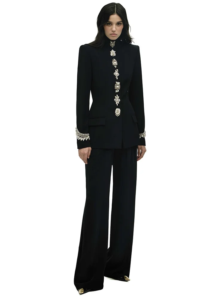 

High Quality Newest 2025 Designer Suit Women Autumn WinterBeaded Diamonds Stand Collar Jacket Pants Suit 2pcs Set костюм