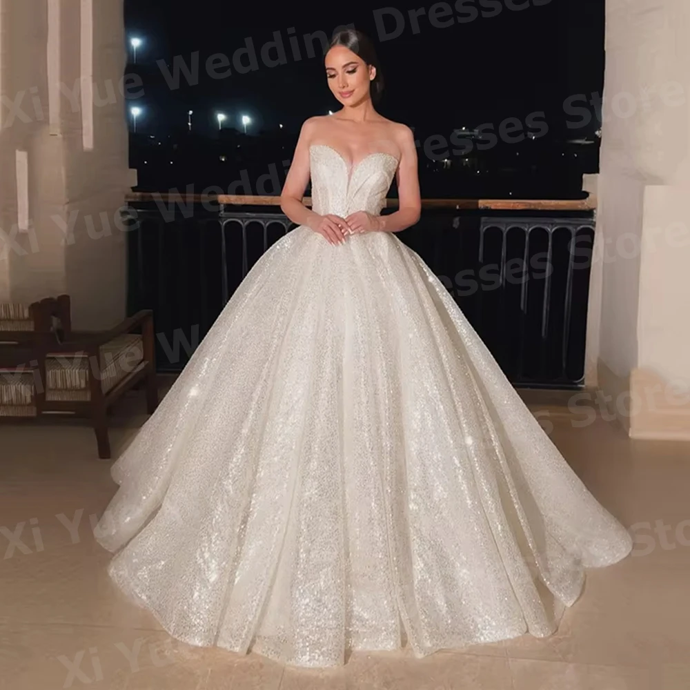 Luxurious A Line Women's Sweetheart Sparkling Wedding Dresses Vestido De Novia Sleeveless Bride Gowns Customized Robe De Mariée