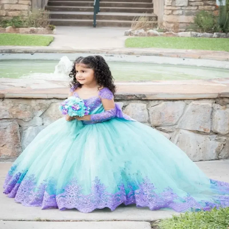 

Elegant Flower Girl Dress Long Sleeve Lace Train Floral Embroidered with Bow Multi-layered Tulle Skirt Birthday Gowns