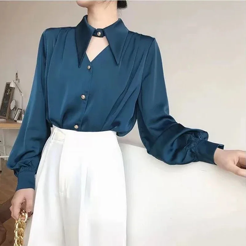 MEXZT Elegant Chic Shirts Women Turn Down Collar Long Sleeve Hollow Out Blouse Office Lady Spring Korean Ol Solid Button Tops