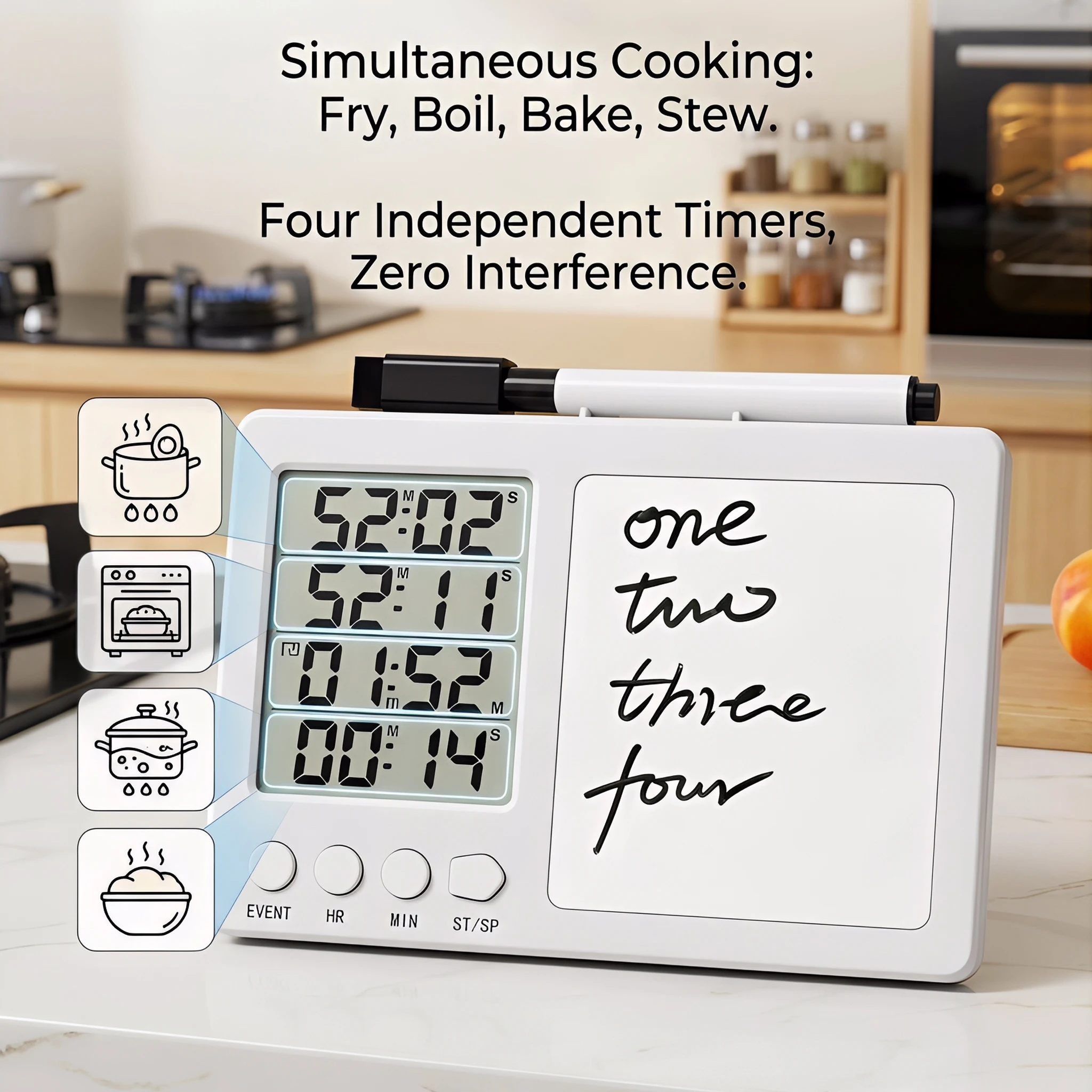 Digital Kitchen Timer Large LCD 4 Channel Digital Timer Kitchen Timer Count Down Up Timer tablets KT002(White button)