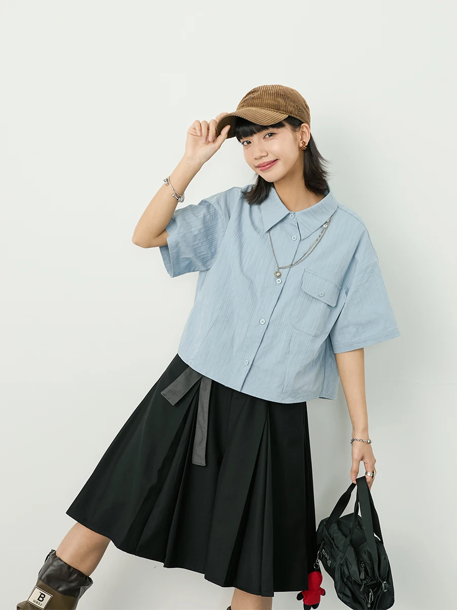 

Inkday Japanese Style Short Sleeve Loose Women's Shirt Retro Texture Commute Versatile Top Summer Outerwear Breathable Polyes...