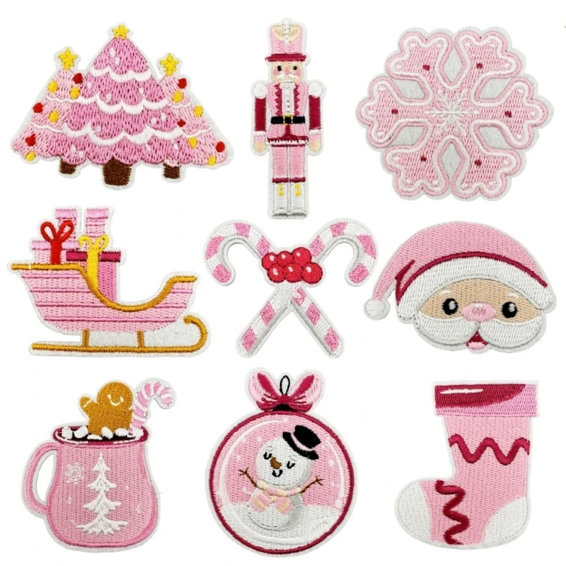 

New Festive Christmas Embroidery Patches Set ron-On Appliques for Clothing Snowy Elements with Pink and White Holiday Designs