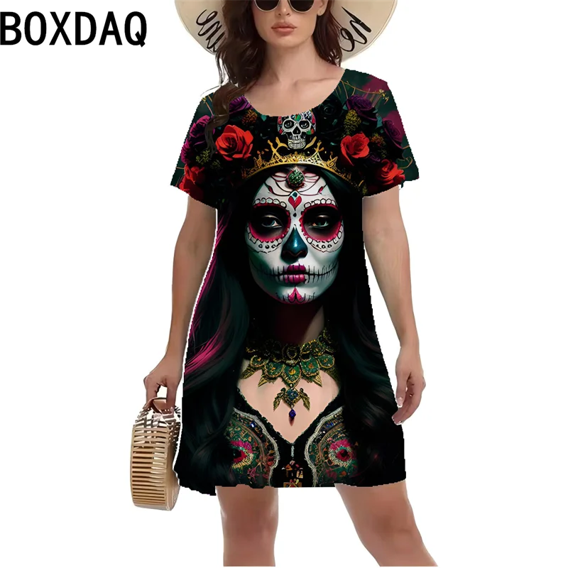 3D Horror Undead Skull Pattern Dress Short Sleeve O-Neck Casual A-LIne Dress Big Size 3XL Female Gothic Style Dress Vestidos