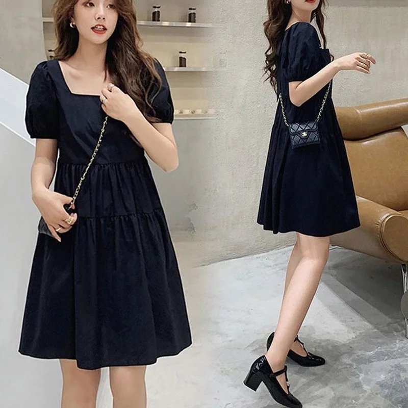 Ele Summer Midi Dr Women's Korean Sle Loose Square Collar Hepburn Sle  Knot Skirt Cotton Bubble Sve A-...