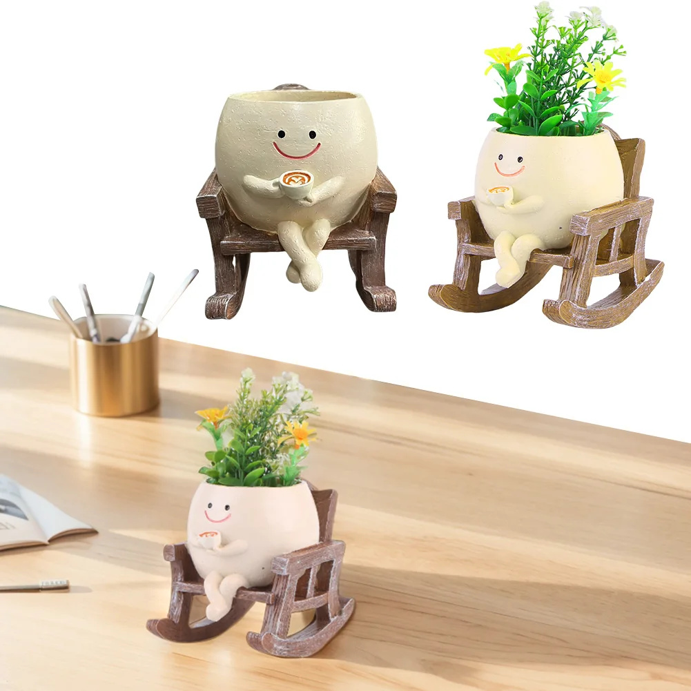 Mini Chair/Swing Smile Face Planter Resin Hanging Cute Head Planters Creative Rocking Succulent Pot Home Garden Flower Container