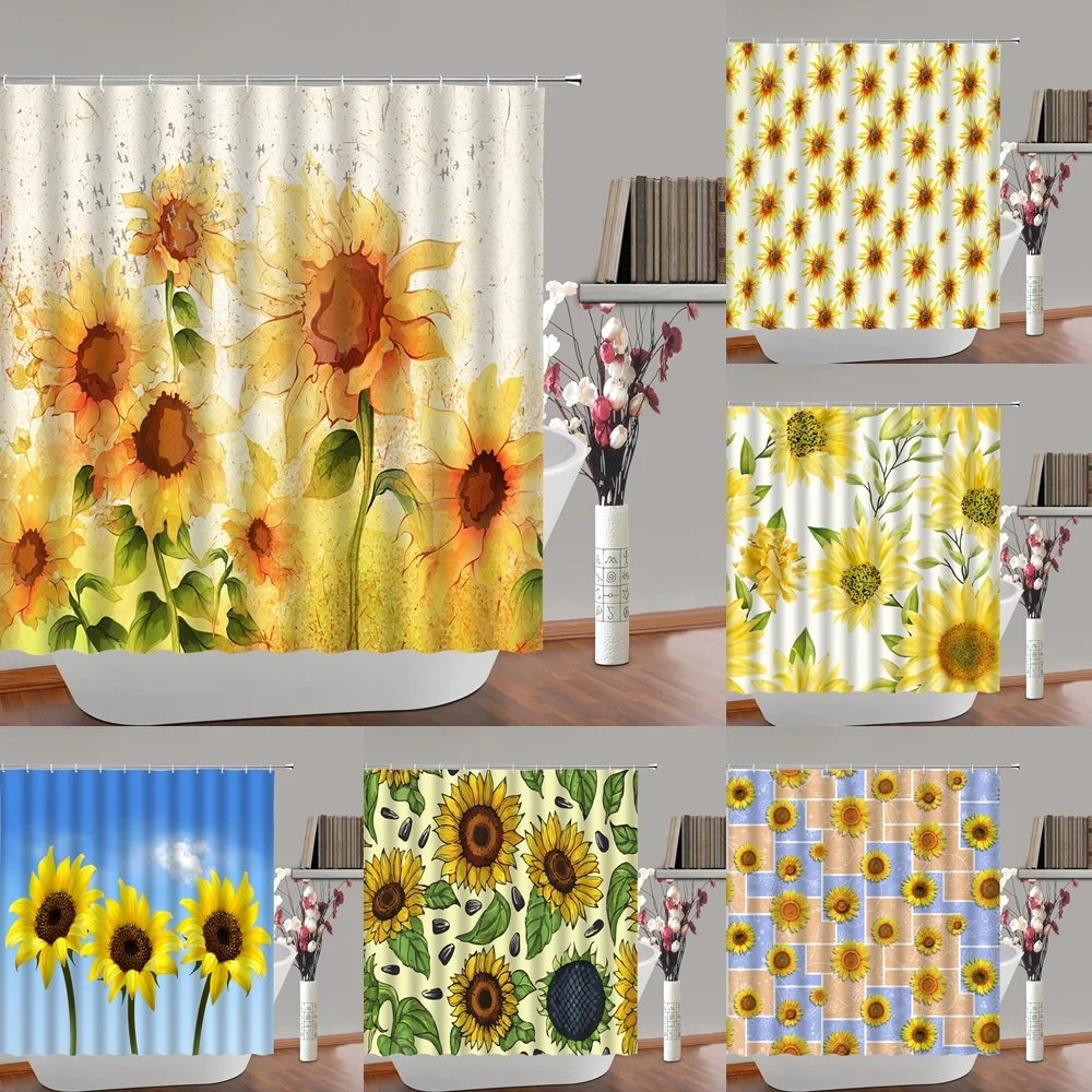 

Watercolor Flower Shower Curtain Alluring Sunflowers Summer Floral Plant Cloth Fabric Art Bathroom Decor Curtains Set with Hooks