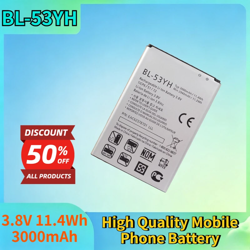 

New BL-53YH 3.8V 11.4Wh 3000mAh Lithium-ion Rechargeable Battery for LG G3 D859 D850 F400 F460 High Quality Mobile Phone Battery