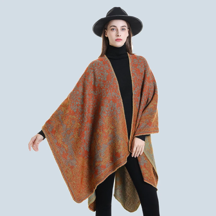 European Style Jacquard Knit Acrylic Cashmere Cape Long Fashion Slit Shawl Women Autumn Winter Wraps Scarf Travel Leisure