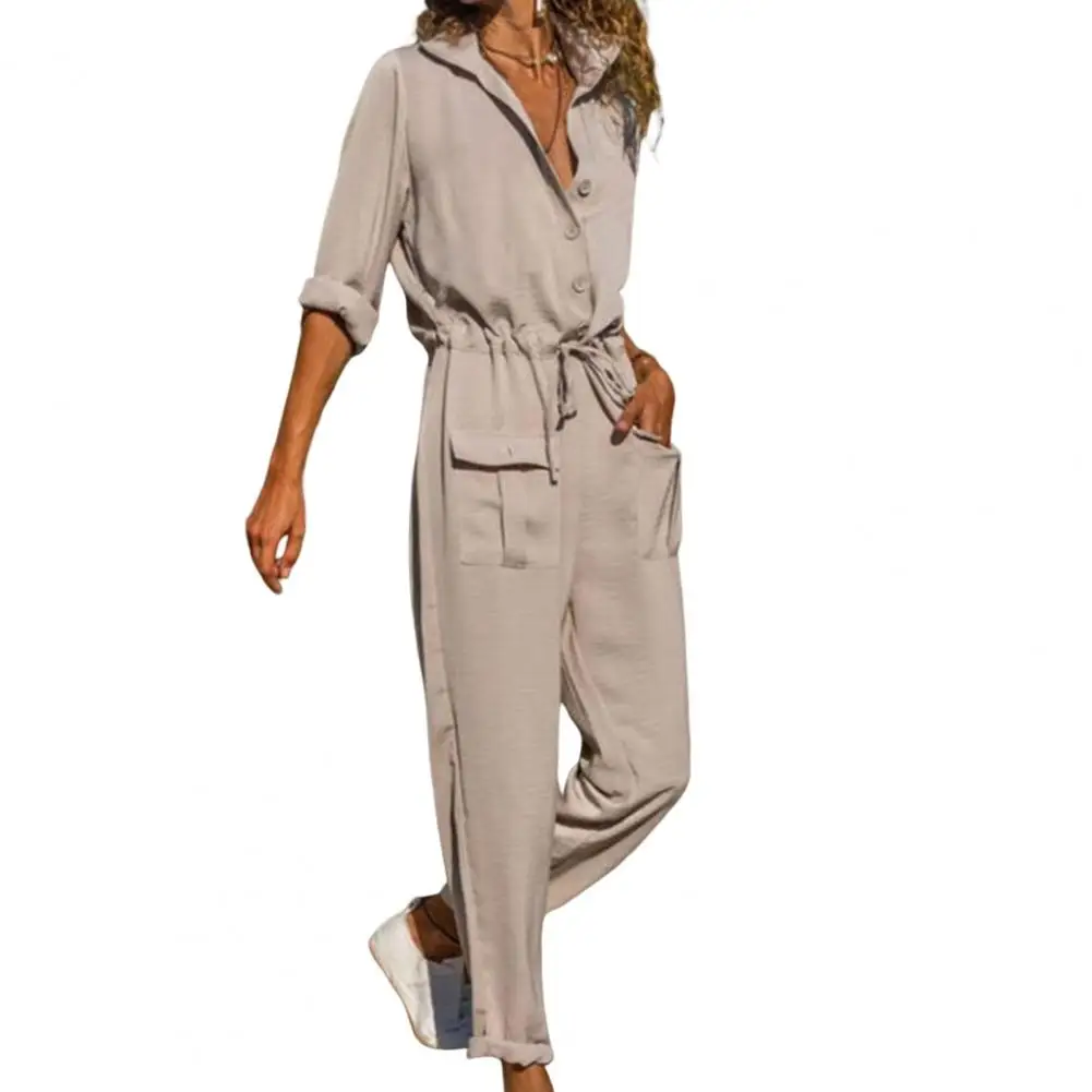 Stylish Autumn Jumpsuit  Loose Casual Lady Jumpsuit  Lapel Pure Color Spring Jumpsuit