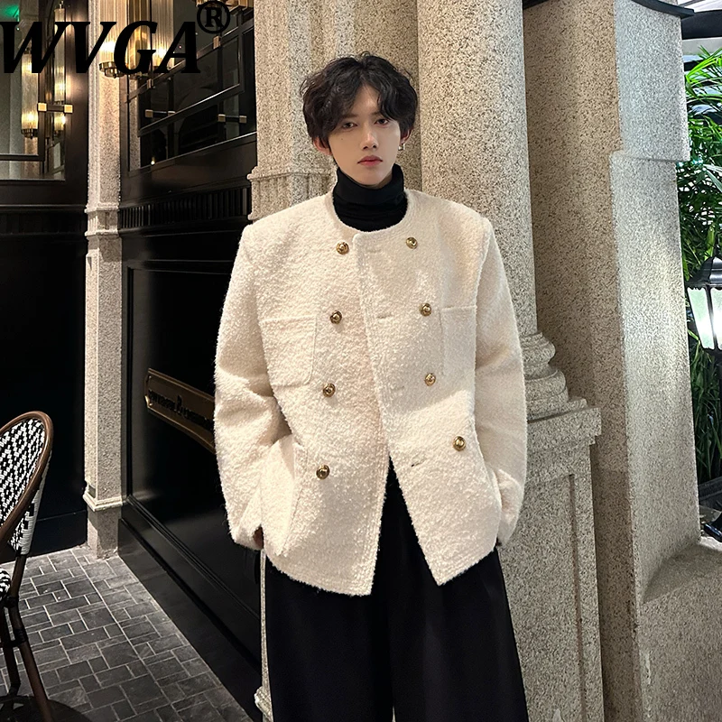 

WVGA Spring Autumn New Men Tide O-Neck Wool Double-Breasted Jackets Niche Chic Casual Thickened Long Sleeve Coats Ins Y2K W16558