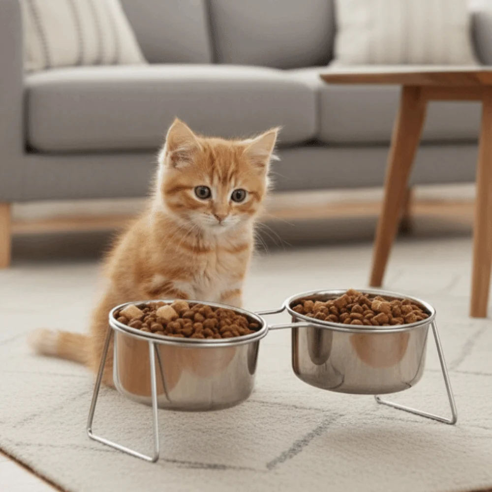 Anti-Tipping Stainless Steel Cat Bowl with Stand Sturdy High Foot Dog Feeder Fall-Resistant Rust Proof Pet Food Bowl Travel