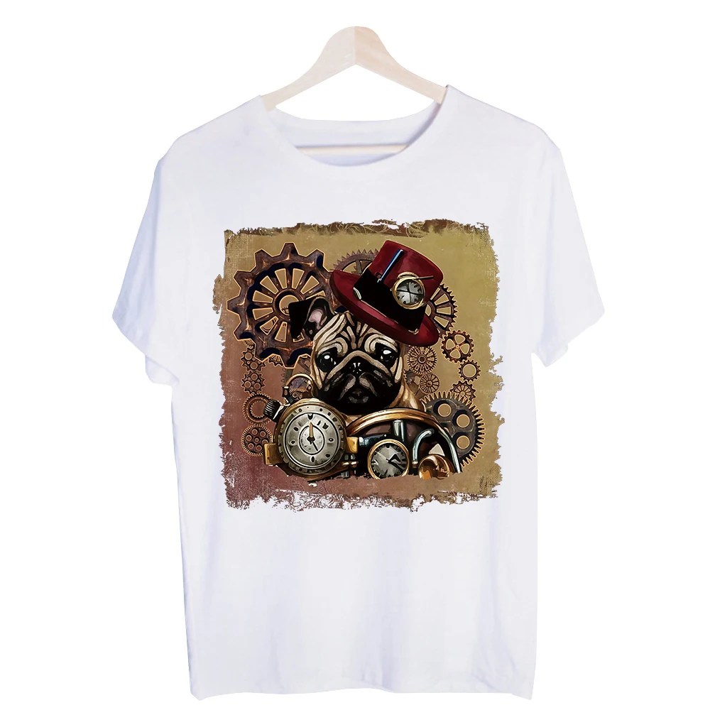 Men's Steampunk Pug Graphic Tee, Short Sleeve Crew Neck T-Shirt for Casual Daily Wear and Steampunk Style Outfits