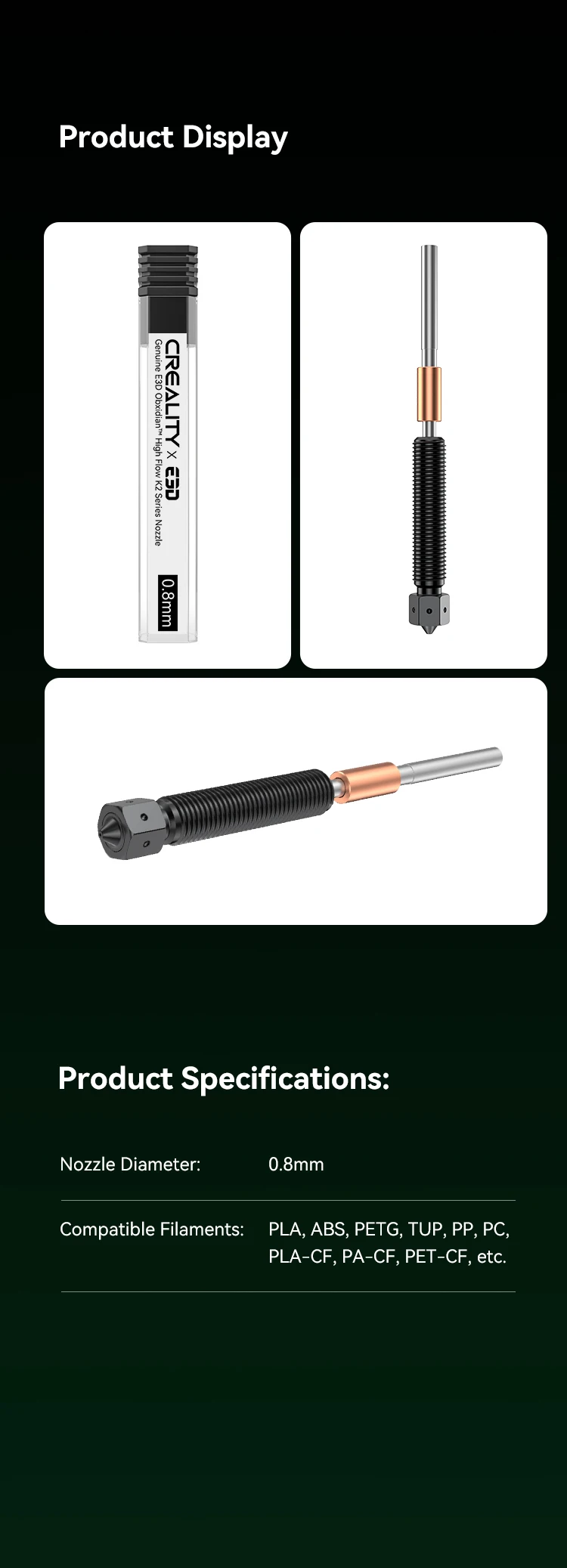 Creality E3D Obxidian Nozzle 0.4mm 0.6mm 0.8mm for K2 Plus