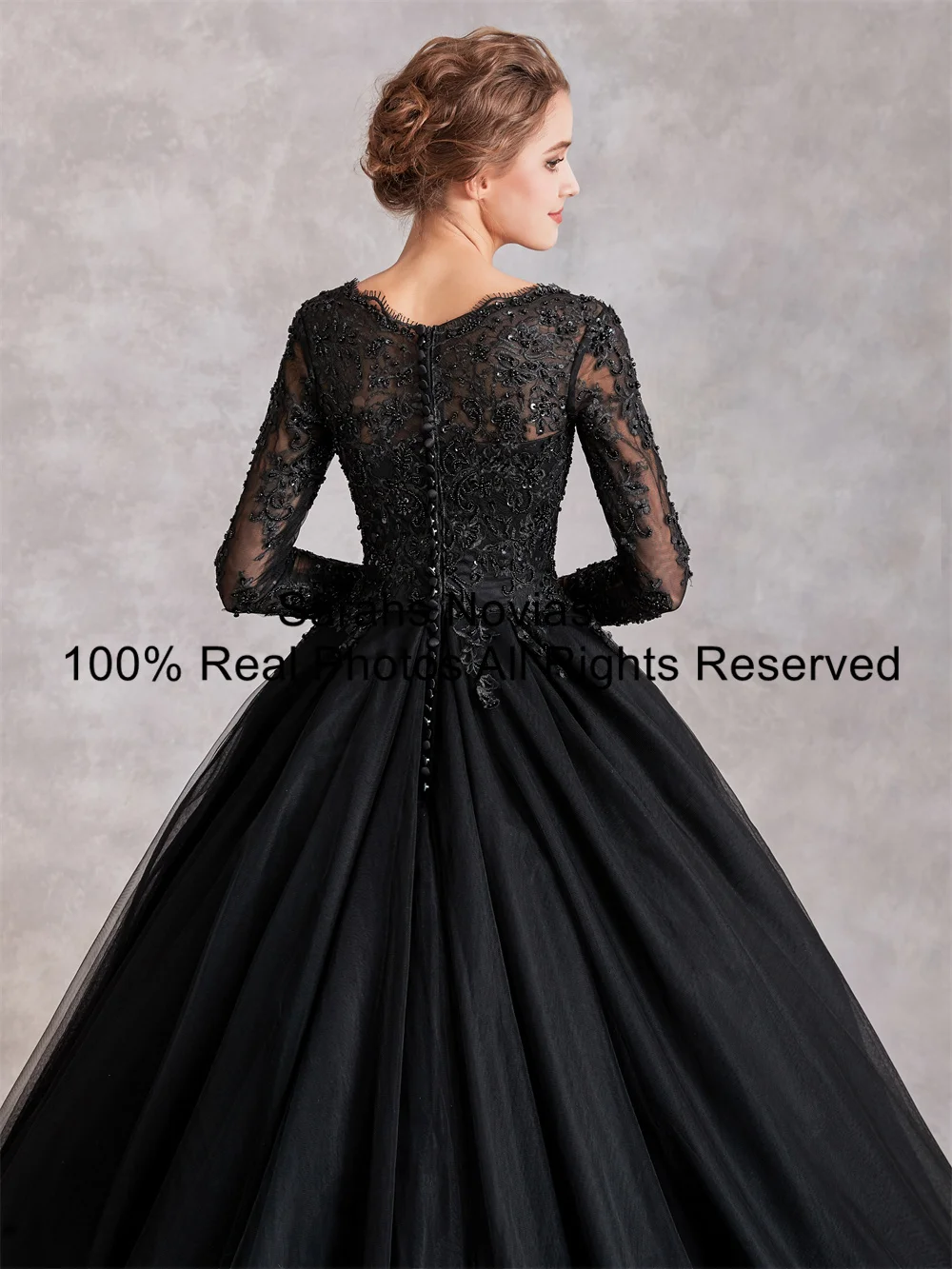 Eelegant vestido de baile preto gótico vestidos de casamento com mangas compridas miçangas rendas tule decote em v vestido colorido feminino para casamento