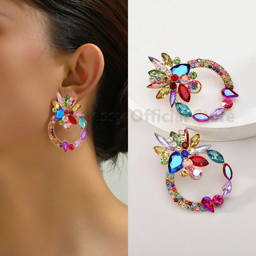 

Luxury Sparkling Colorful Rhinestone Imitation Gemstone Round Stud Earrings for Women Party Prom Wedding Elegant Formal Jewelry