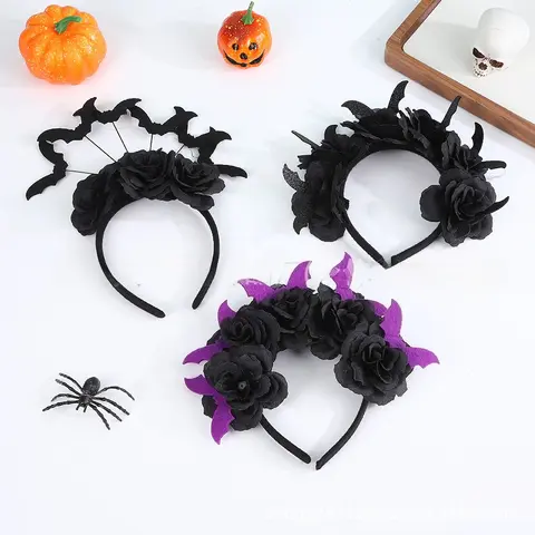Halloween Headband Mesh Bat Flower Hairband Classic head band Party Decor Black Rose Hair Hoops Unisex Hair Accessoreis
