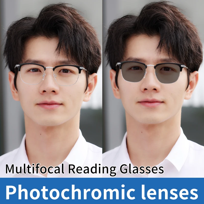 Photochromic Multifocal Reading Glasses Square Frame Designer Presbyopic Glasses Progressive High Quality fashion  for Men