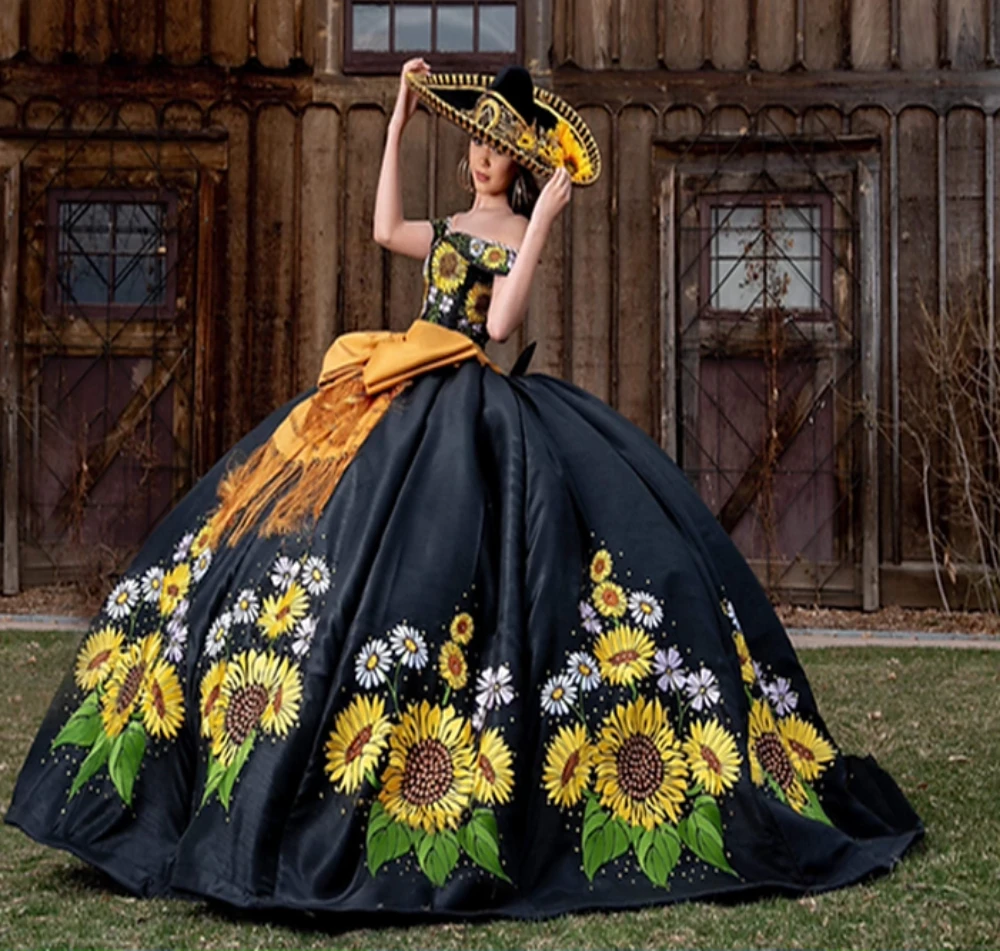 EVLAST giallo girasole ricamo abito da ballo nero Quinceanera Dresse nero messicano dolce 16 abiti Vestidos De 15 aecos TQD009