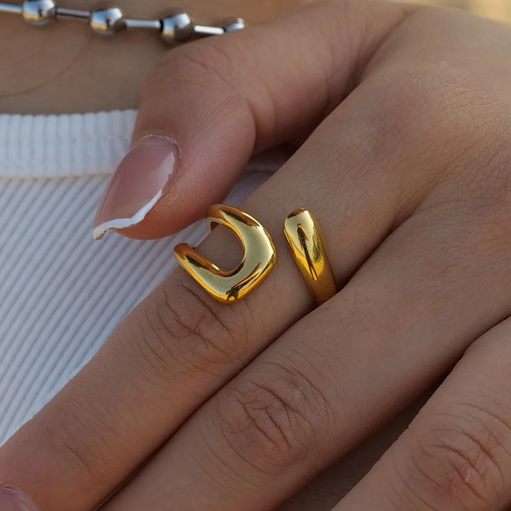 Geometric Hollow Layered Wide Gilding Ring Stainless Steel Double Lines Irregular Ring Waterproof Daily Simple Jewelry for Women