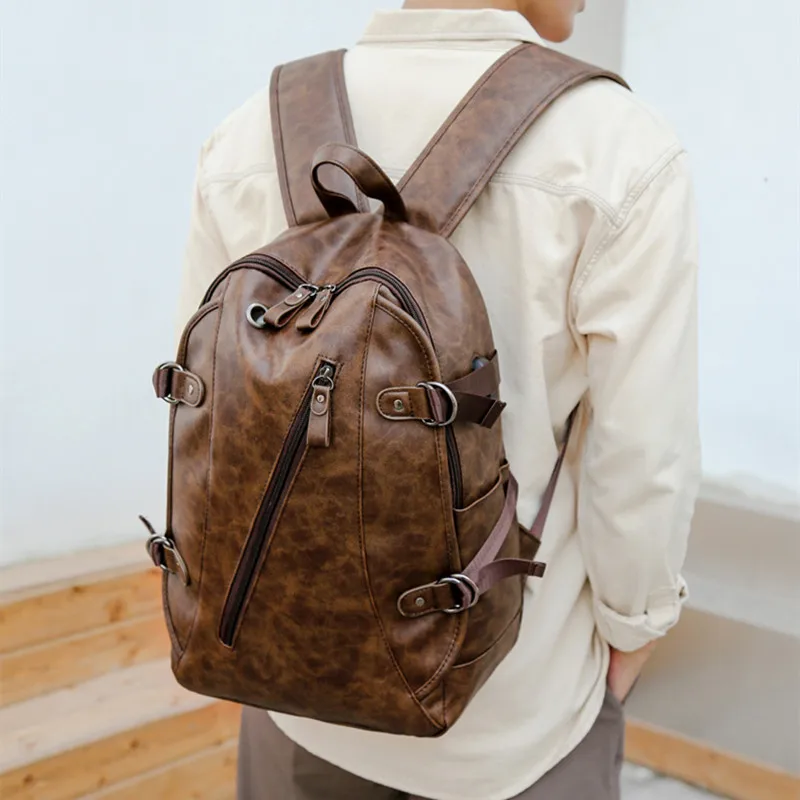 Fashion multifunction men's backpack vintage soft leather travel backpack large capacity student school bags