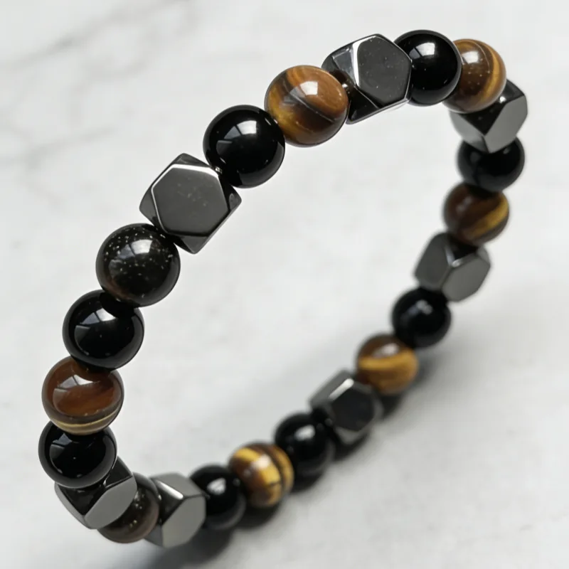 Dreifach-Schutz-Armband mit Tigerauge, Obsidian und Hämatit - Unisex Perlenarmband zur Spirituellen Heilung und Absorption Negativer Energie - Geschenkidee – Detail 3