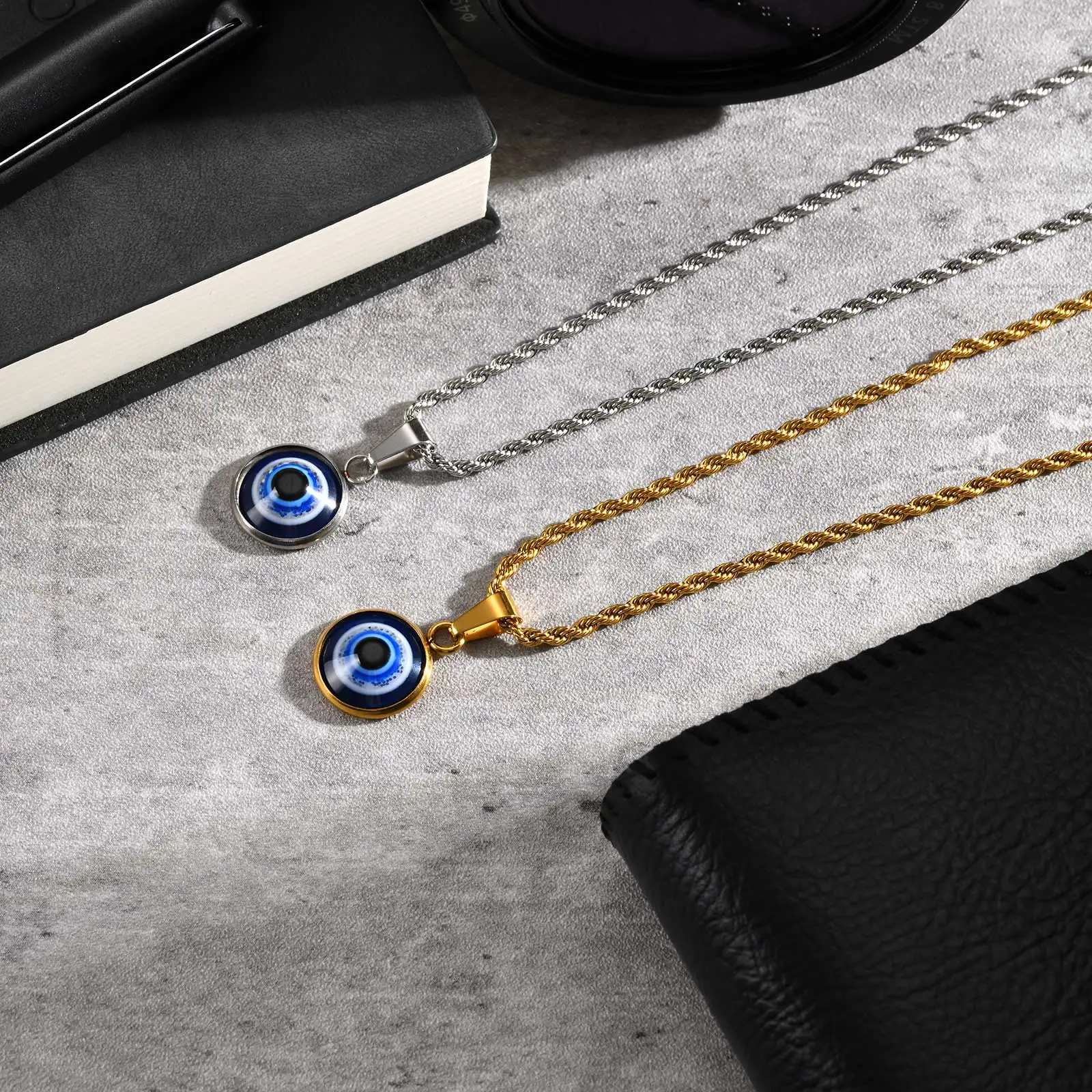 Türkische Halsketten mit bösem Blick aus Edelstahl für Männer, Halskette mit rundem Anhänger mit blauem Auge, ethnischer Kragenschmuck – Detail 8